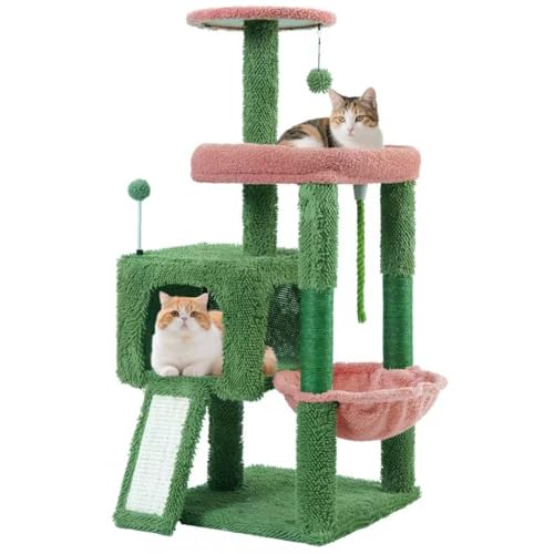 TWDEPART 37.5" All-in-One Cat Tree Tower with Scratching Board & Posts Cozy Sleeping Perch Hammock and Toy Balls, Green