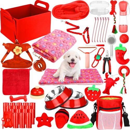 Abbylike 50 Pcs Puppy Supplies Starter Kit for Small Dogs Puppy Essentials Includes Leash, Bowls, Teeth Brushes, Water Bottle, and More Accessories for Dogs Christmas Welcome Gift(Red)