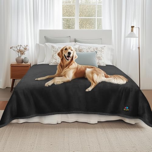 Luciphia Waterproof Pet Blanket, Liquid Pee Proof Dog Blanket for Sofa Bed Couch, Reversible Sherpa Fleece Furniture Protector Cover for Small Medium Large Dogs Cats, Black Queen Size(90" x 82")