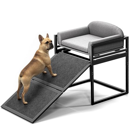 Dog Ramp Doggie Stairs with Seat Mate,Puppy Chair Get on High Bed Couch Office Window Perch,Non Slip Dachshunds Foldable Ladder,Pet Doggy Step for Small Old Dogs,Chihuahua Cat Platform Grey