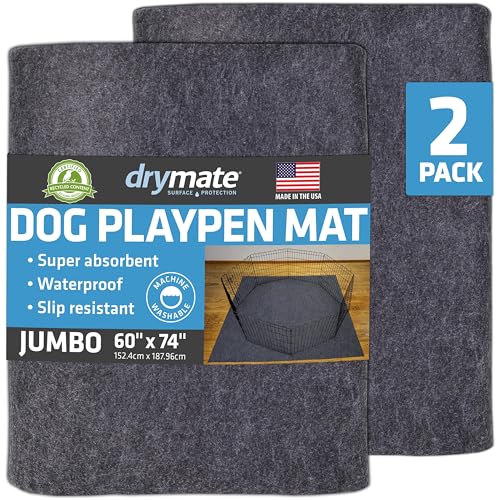 Drymate 2-Pack Jumbo Dog Playpen Mat (60x74), Absorbent, Waterproof, Slip-Resistant, Machine Washable, Reusable Puppy Pad for Training, Whelping, Housebreaking, Incontinence, Crate, Kennel (USA Made)