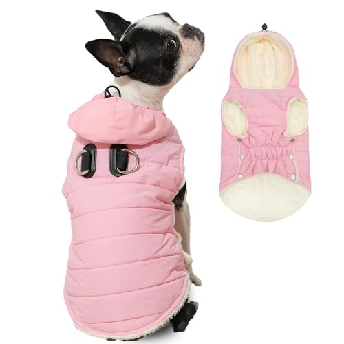 Fleece Lining Dog Hoodie with Harness Built in,Extra Warm Large Dog Jacket in Winter Doggie Coats with Drawstring Hooded,Light Pink XXL