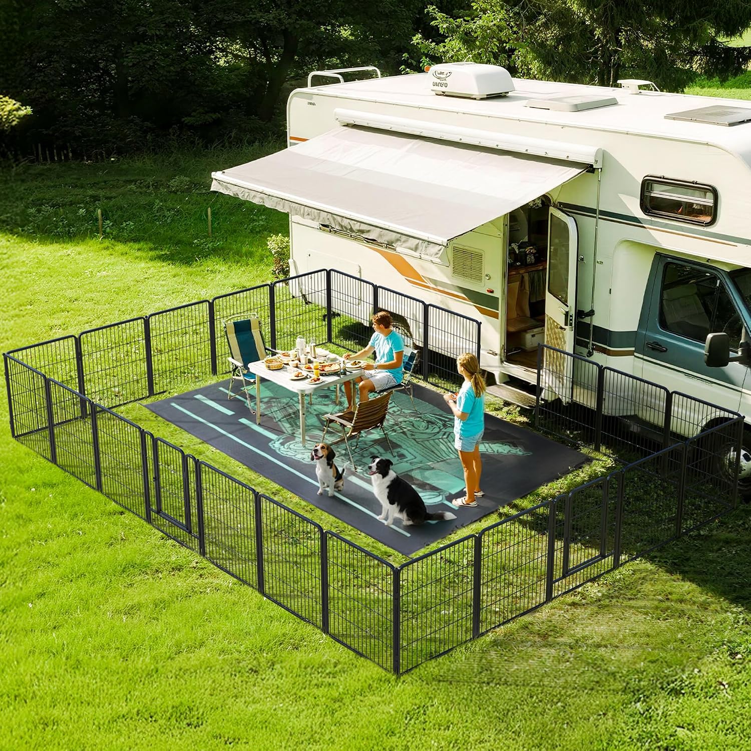 FXW Instant Unleashed Dog Playpen, Portable Pet Fence for Outdoor, RV Trips, and Camping, 32 inch, 24 Panels for Small and Medium Dogs with 7' x 9' RV MatPatented