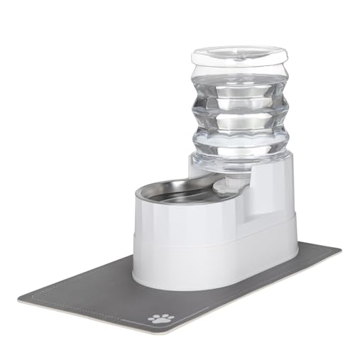 RIZZARI Automatic Pet Water Dispenser: 5L White Cats and Dogs Gravity Feeder - Stainless Steel Bowl - Outdoor Hiking Use.