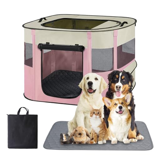Portable Dog Cat Playpen with Waterproof Pad,Collapsible Pet Puppy Kitten Crate,Foldable Small Animals Kennel Cage for Indoor Outdoor Travel Camping,Water-Resistant Breathable Shade Cover (Pink M)