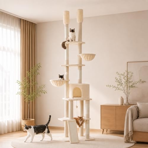 Floor to Ceiling Cat Tree Height (85-112 Inches) Adjustable, Tall Cat Tower 7 Tiers Activity Climbing Tower, Large Cat Tree with Cozy Hammocks, 5 Platforms and Scratching Posts for Indoor Cats-Beige